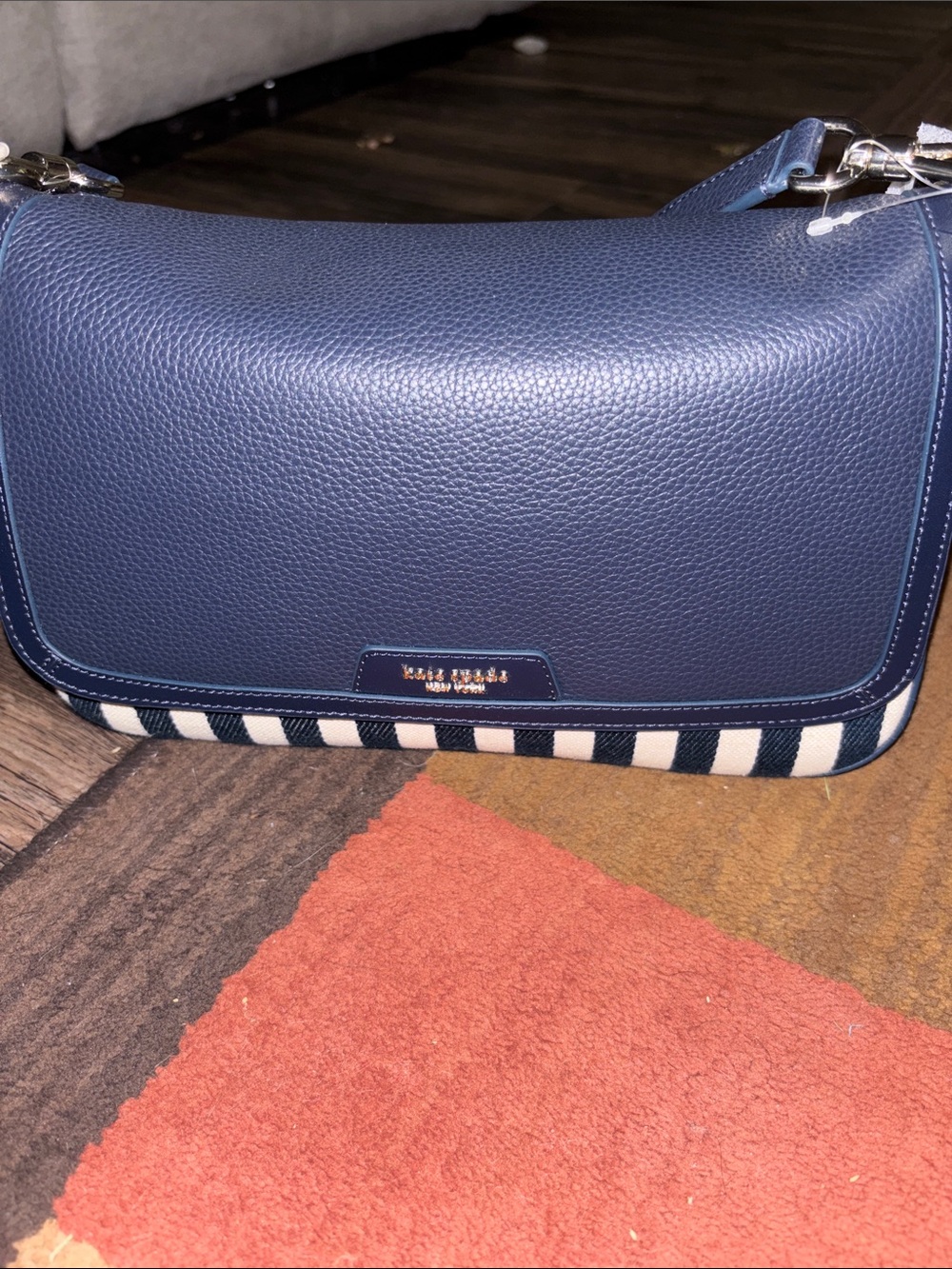 kate spade navy leather shoulder bag with navy and cream stripes